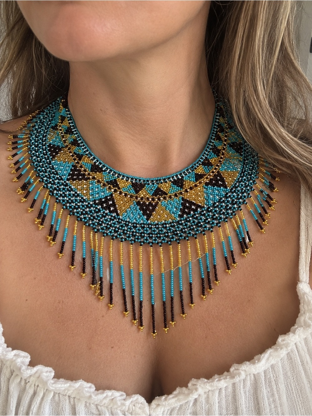 Handmade Beaded Bib Statement Necklace Turquoise Gold Brown Fringe